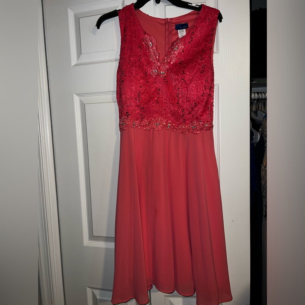 pink flowy dress with sequence top
